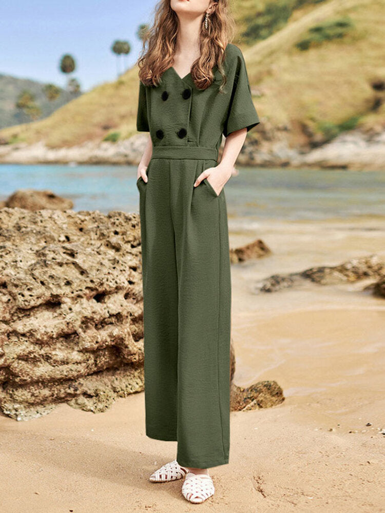 Solid Double Breasted Pocket Short Sleeve V-neck  Women Jumpsuits