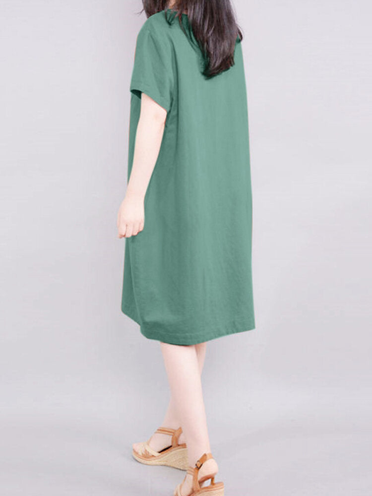 Solid Pocket Short Sleeve Crew Neck Vintage  Women Dress