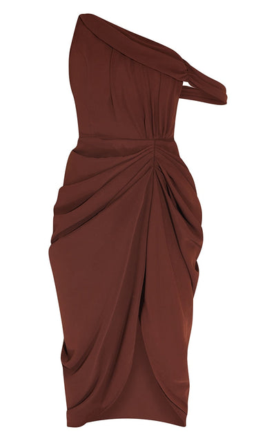 Black Chiffon Asymmetric Strap Draped Midi Dress
