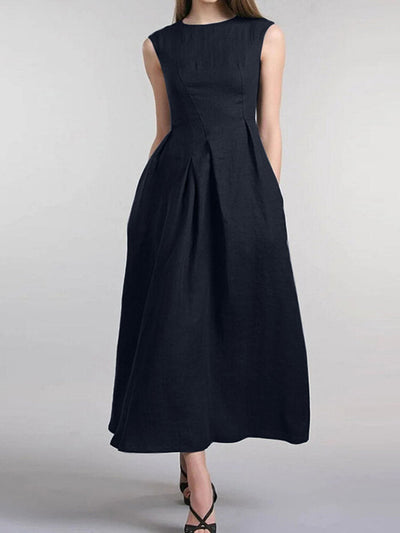 Women Solid Sleeveless Pocket Crew Neck Casual Dress