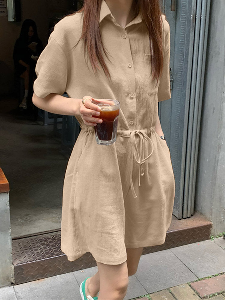 Solid Drawstring Waist Pocket Button Front Lapel Cargo  Women Romper