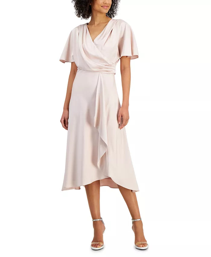 Petite Satin Surplice Neck Short Sleeve Midi Dress