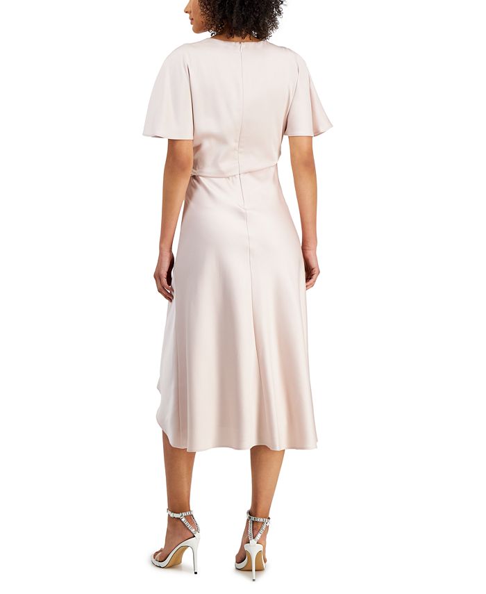 Petite Satin Surplice Neck Short Sleeve Midi Dress