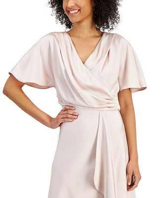 Petite Satin Surplice Neck Short Sleeve Midi Dress
