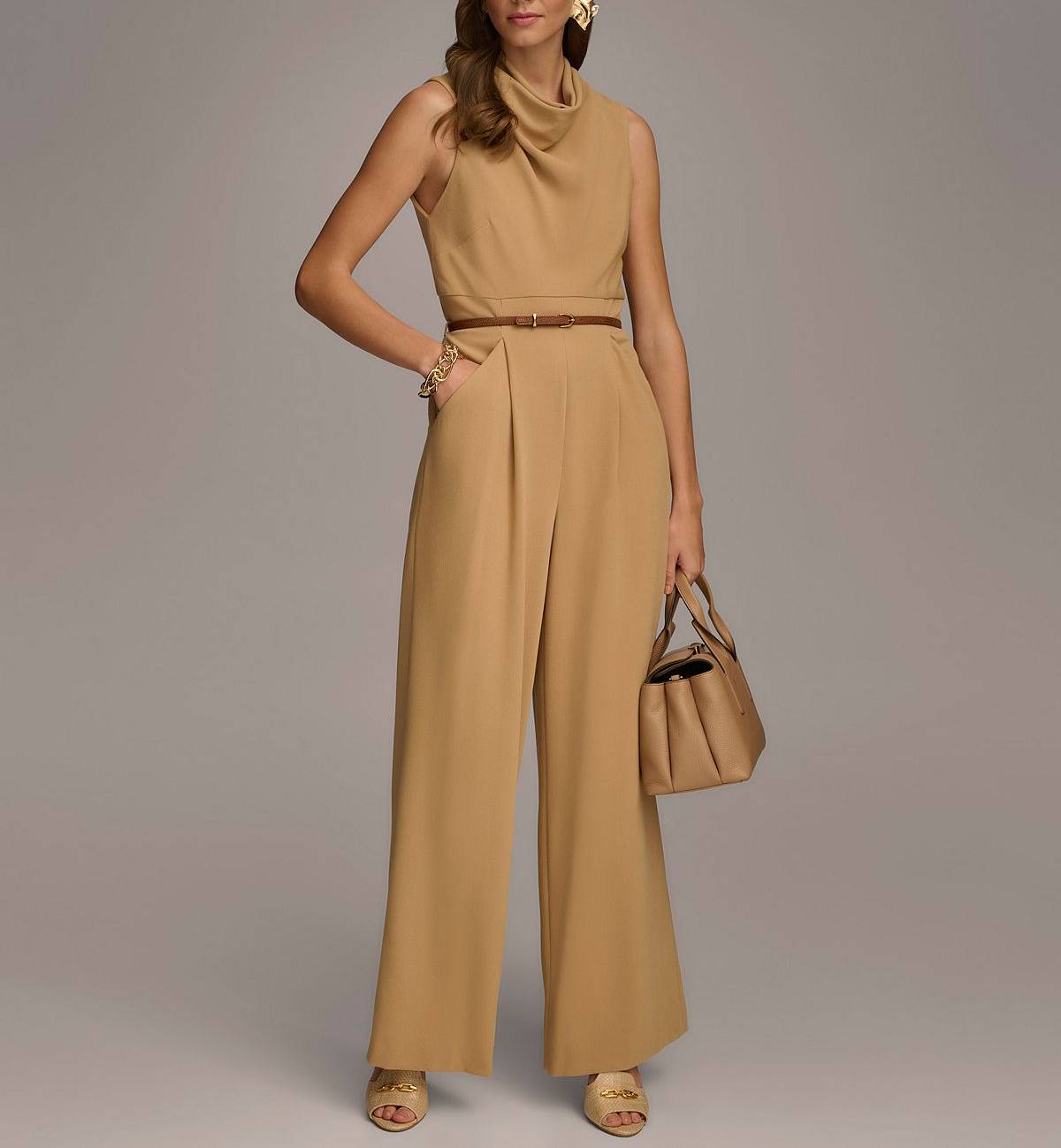 Draped Neck Belted Sleeveless Jumpsuit For Women