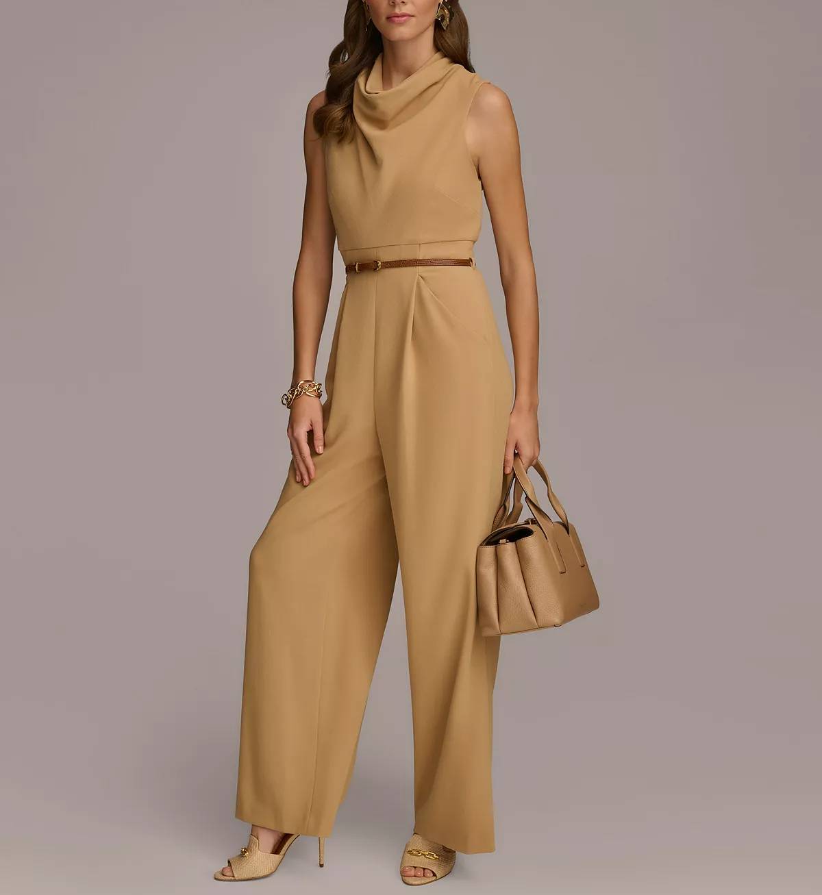 Draped Neck Belted Sleeveless Jumpsuit For Women