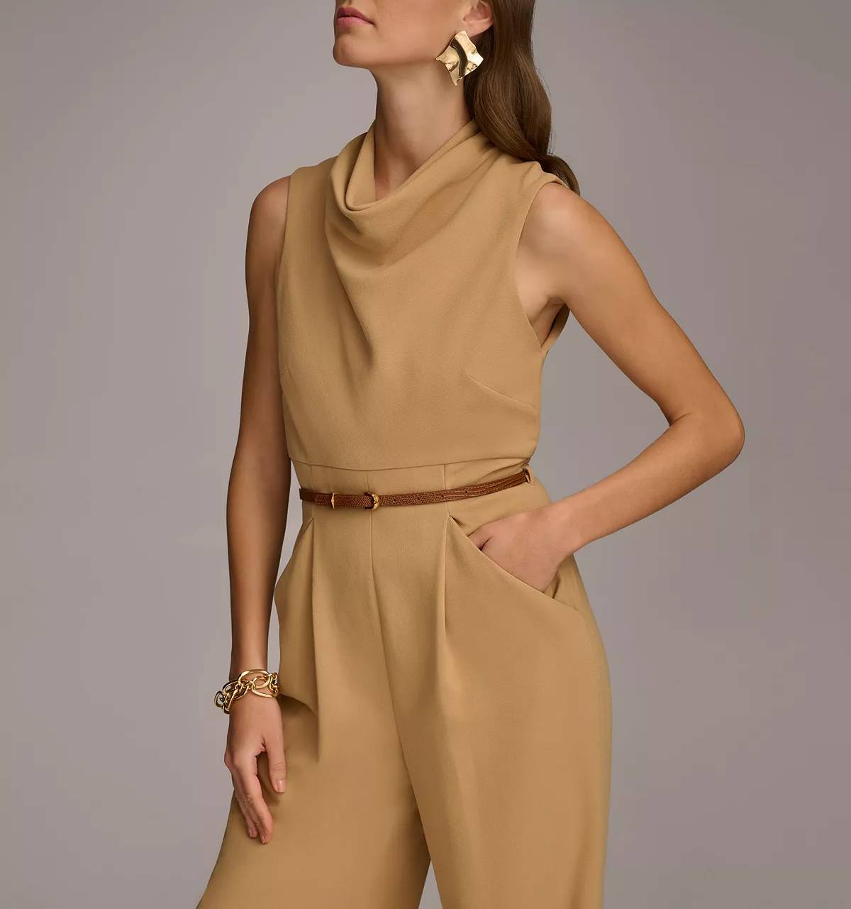 Draped Neck Belted Sleeveless Jumpsuit For Women