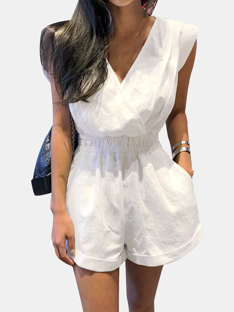 Solid Color Knotted Pocket High Waist V-Neck Sleeveless  Women Romper