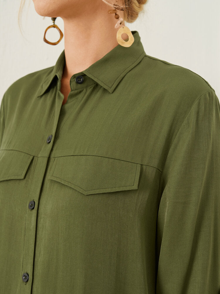 Solid Long Sleeve Button Front Lapel Women Dress