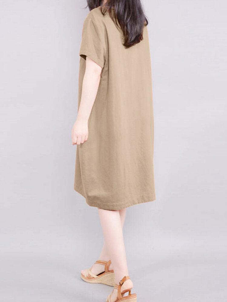 Solid Pocket Short Sleeve Crew Neck Vintage  Women Dress