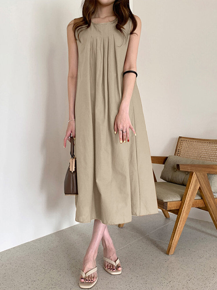 Solid O-neck Pleated Sleeveless Pocket Women Casual Dress