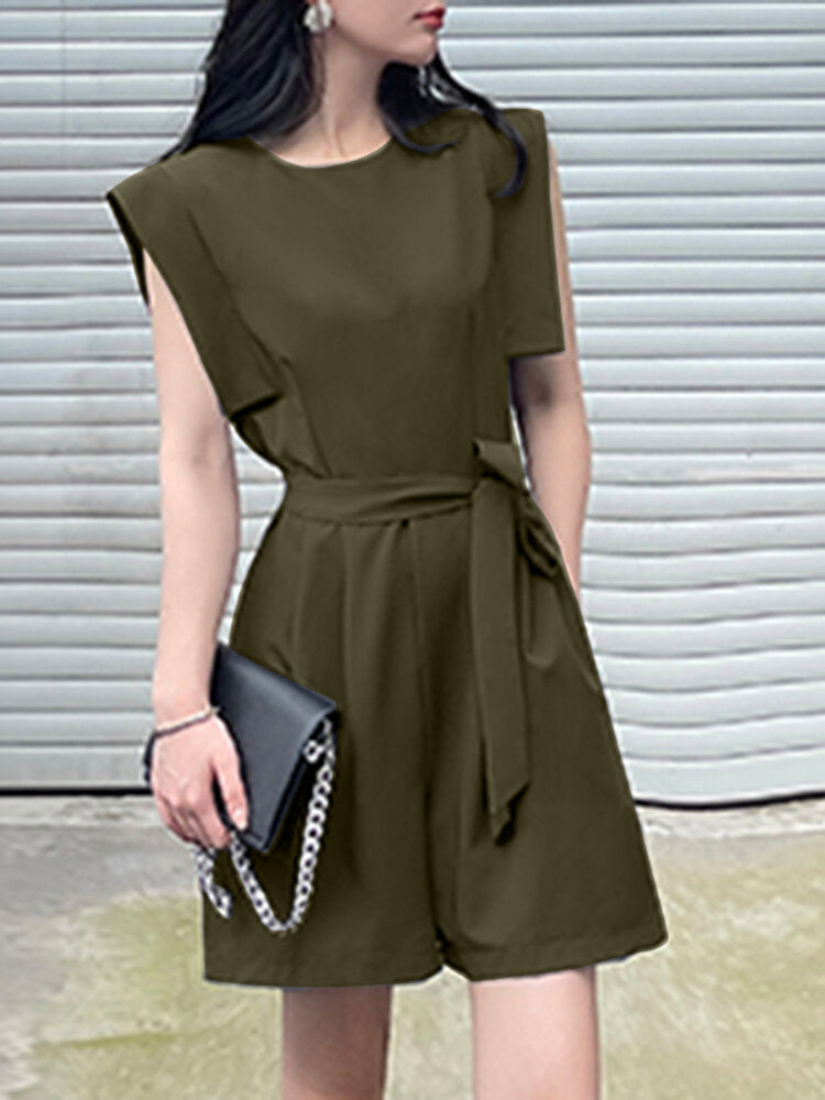 Solid Pocket Sleeveless Crew Neck  With Belt Women Romper