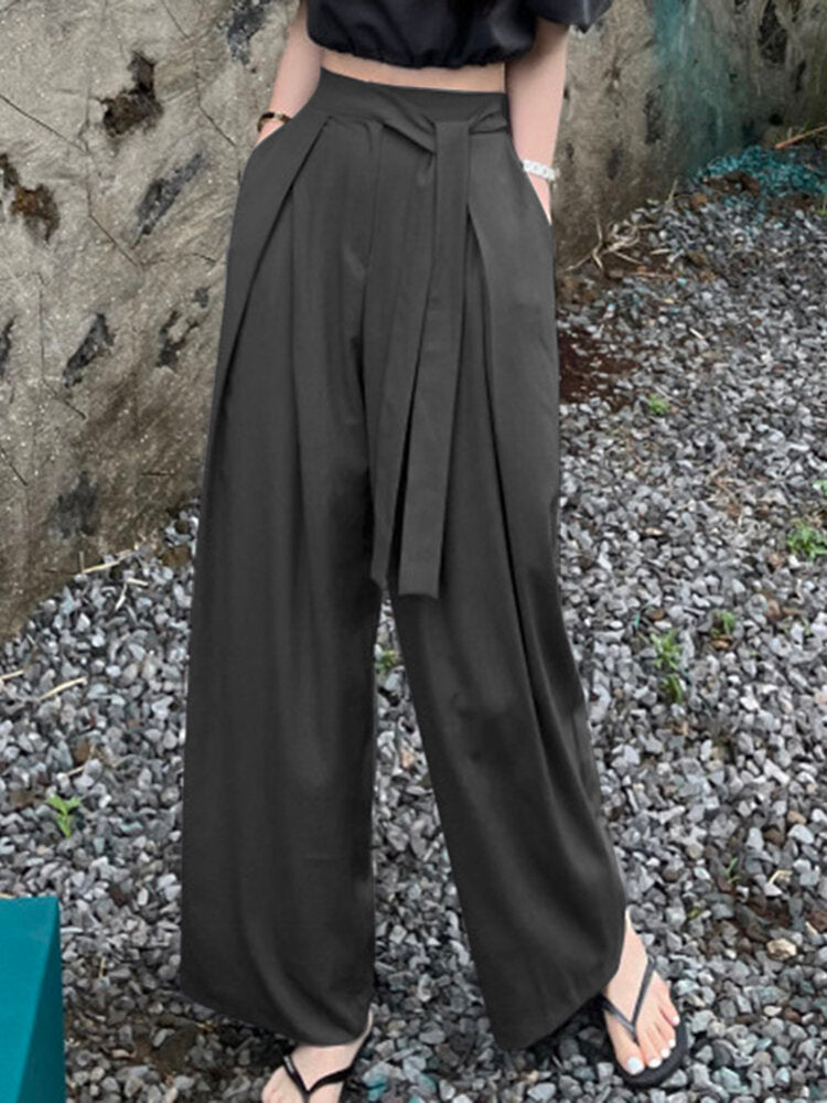Solid Pocket Belt Wide Leg Pants For Women