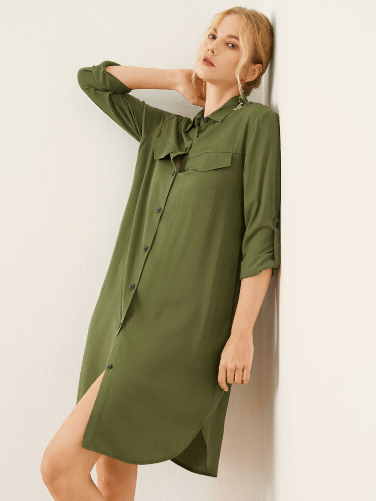 Solid Long Sleeve Button Front Lapel Women Dress