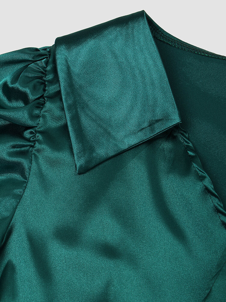 Satin Solid Twisted Tie Back Puff Sleeve Lapel Crop Top