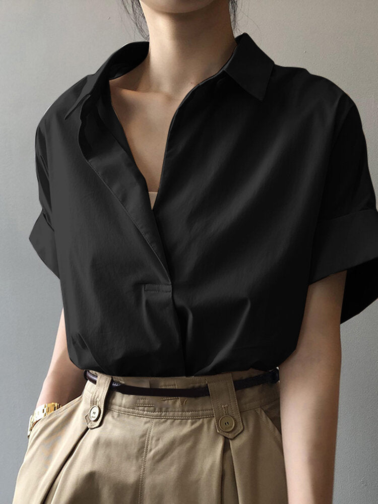 Women Solid Color Lapel Casual Short Sleeve Shirt