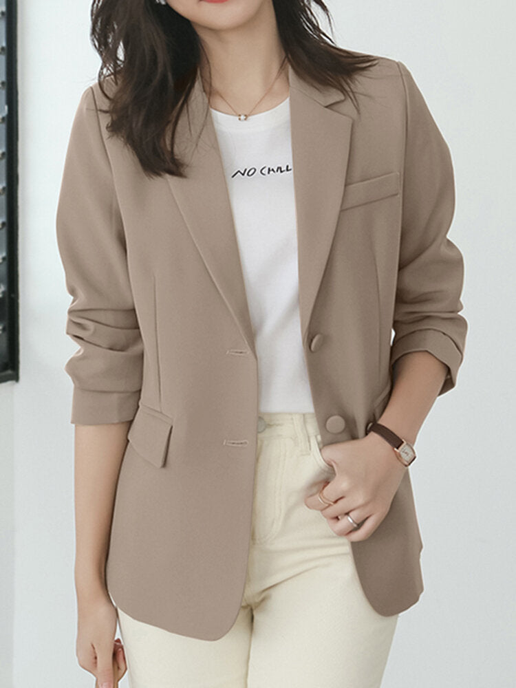 Women Solid Long Sleeve Button Front Lapel Blazer