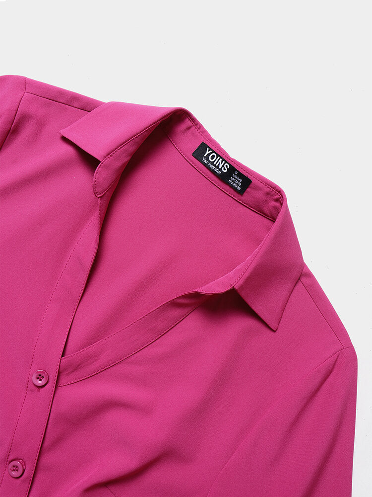 Solid Color Button Front Lapel Collar Long Sleeve Women Dress