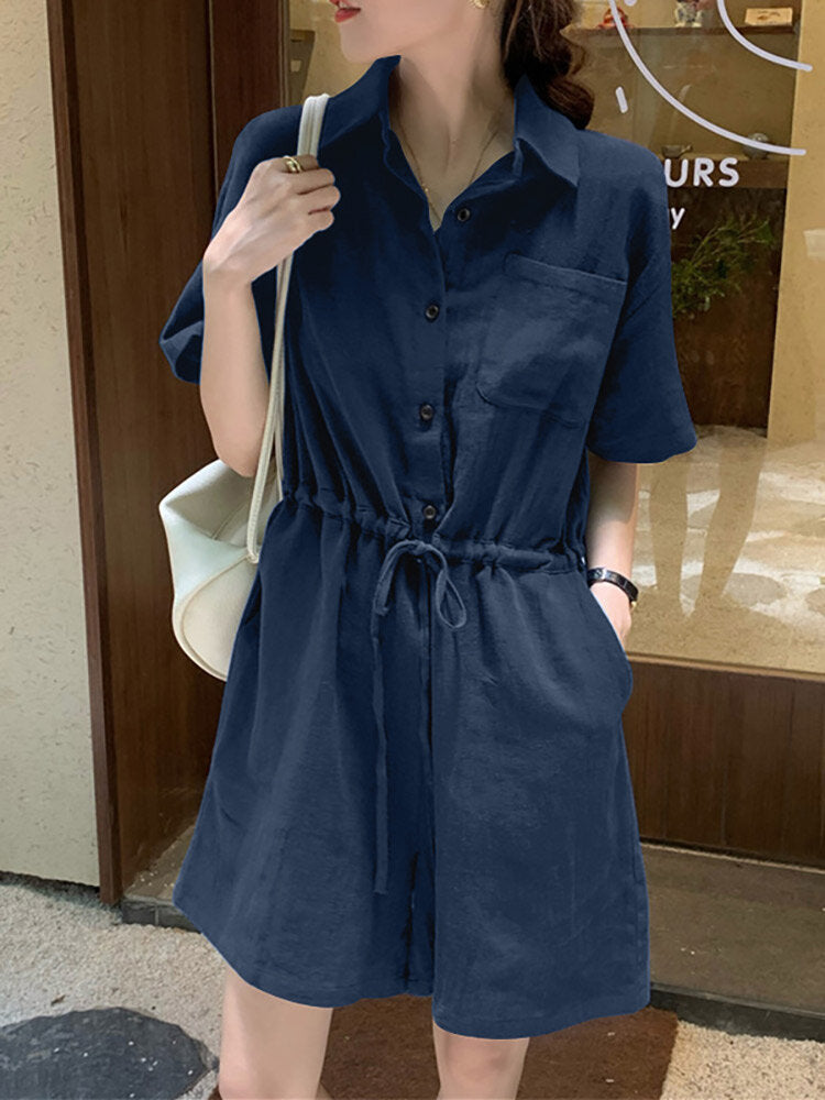 Solid Drawstring Waist Pocket Button Front Lapel Cargo  Women Romper