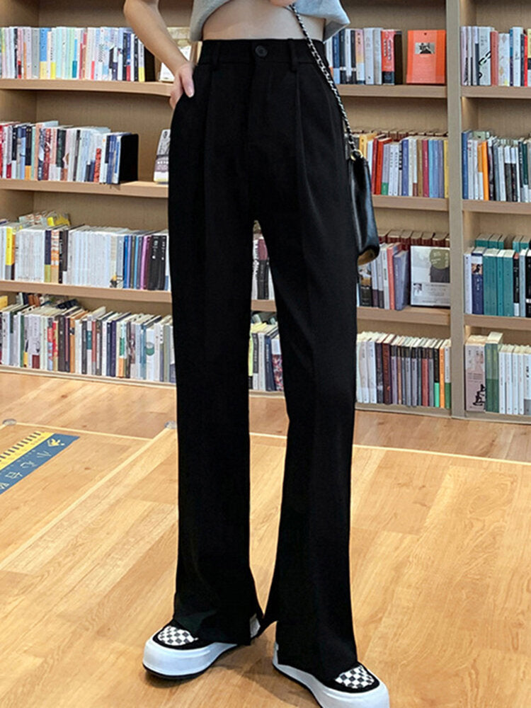 Solid Pocket High Waist Double Slit Hem Tailored Pants