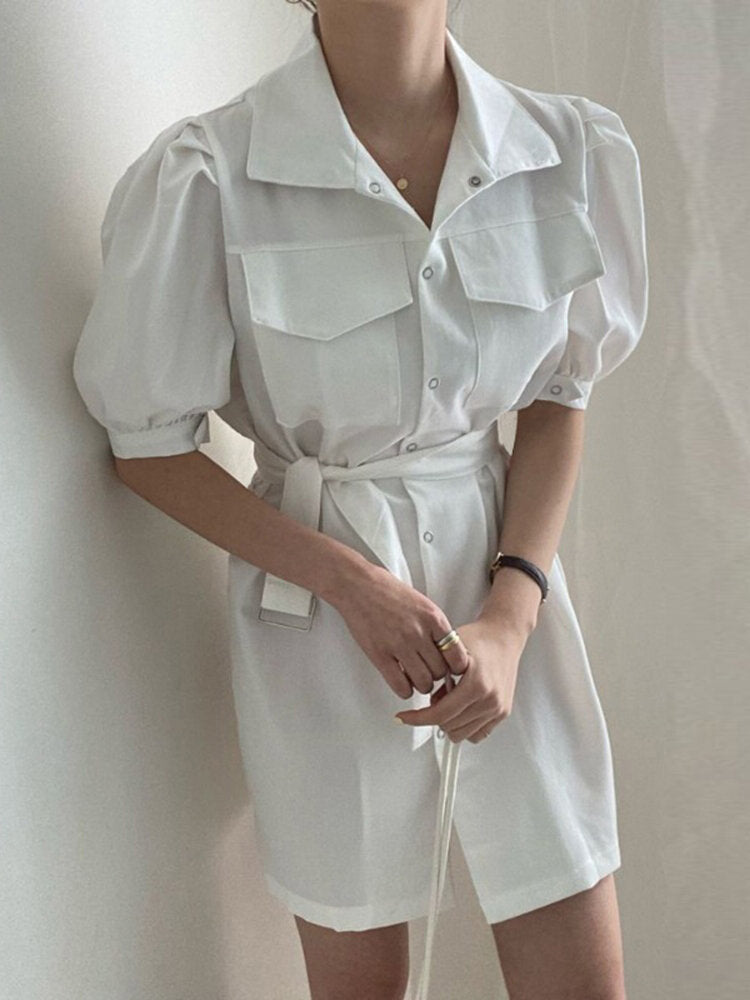 Solid Puff Sleeve Lapel Button Casual  With Belt Women Dress