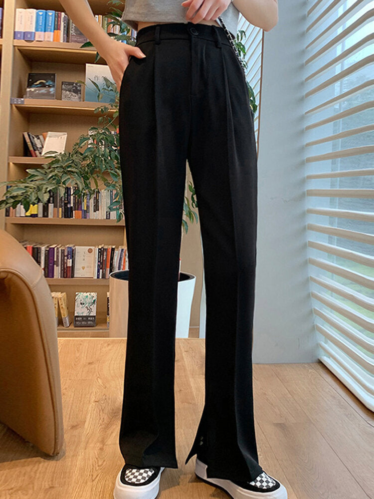 Solid Pocket High Waist Double Slit Hem Tailored Pants