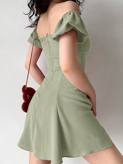 Solid Puff Sleeve A-line Square Collar Invisible Zip  Women Dress
