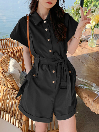 Solid Belt Button Front Pocket Short Sleeve Lapel Cargo  Women Romper