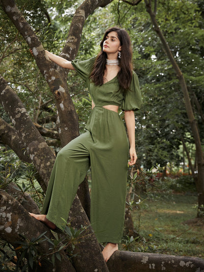 Solid Cut Out Waist Puff Sleeve V-neck Wide Leg  Women Jumpsuits