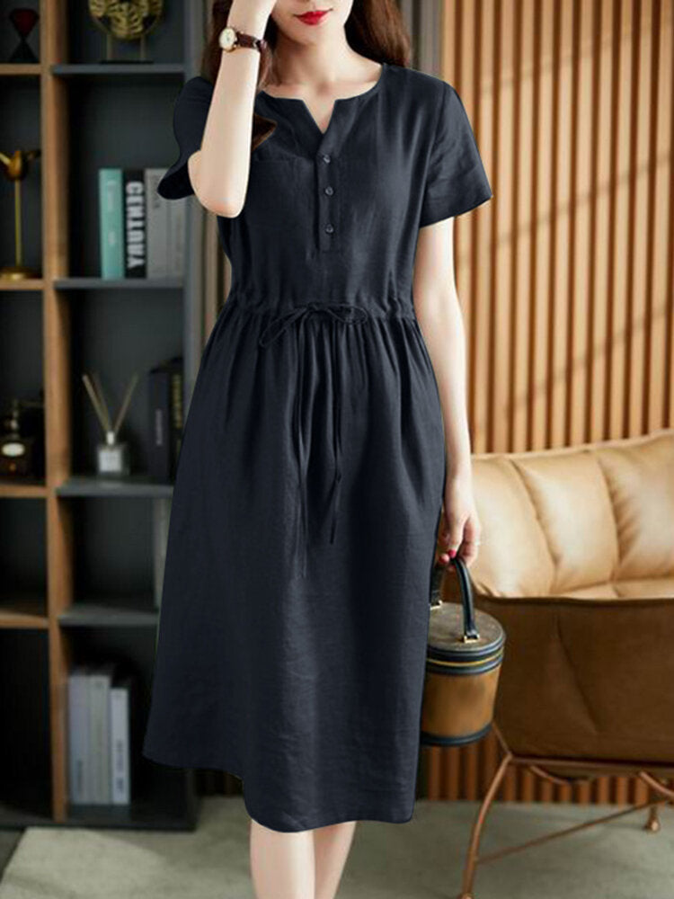 Solid Pocket Drawstring Waist Button Short Sleeve  Women Dress