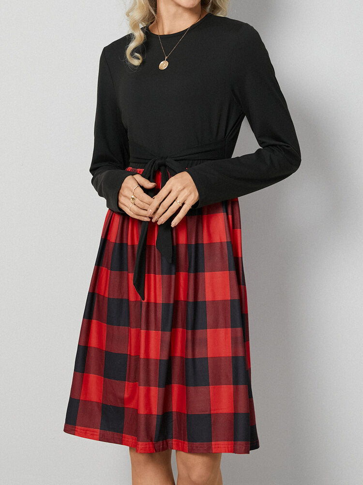 Leopard Check Stitch Bowknot Long Sleeve Crew Neck Dress