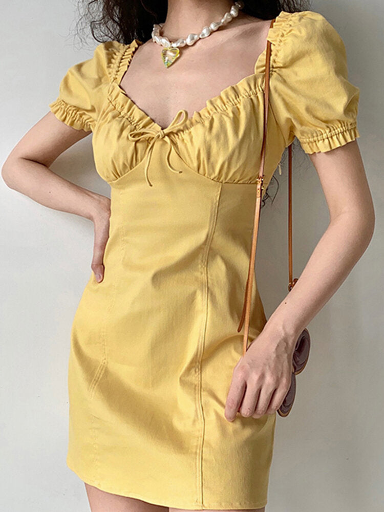 Solid Puff Sleeve Tie Front Lettuce Edge  Women Dress