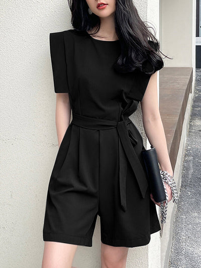 Solid Pocket Sleeveless Crew Neck  With Belt Women Romper