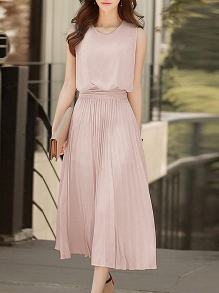 Solid Cut Out Back Pleated Sleeveless High Waist Tie Women Dress