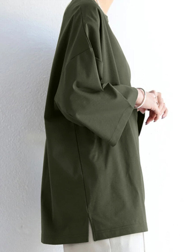 Solid Drop Shoulder Loose Crew Neck T-shirt For Women