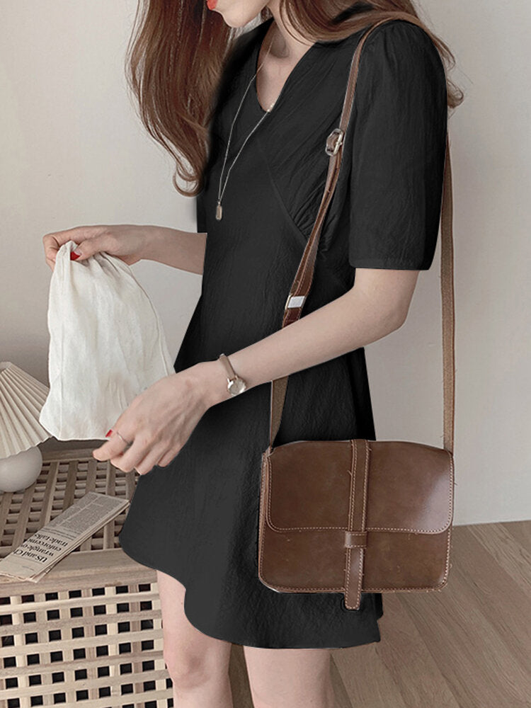 Solid Short Sleeve Invisible Zip V-neck A-line  Women Dress