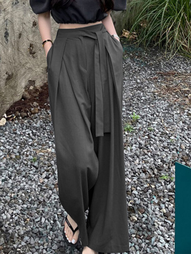 Solid Pocket Belt Wide Leg Pants For Women