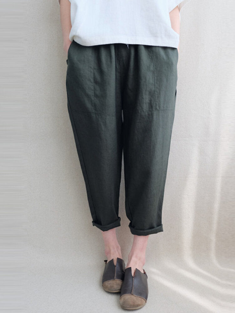 Plain Elastic Waist Pocket Casual Cotton Linen Pants