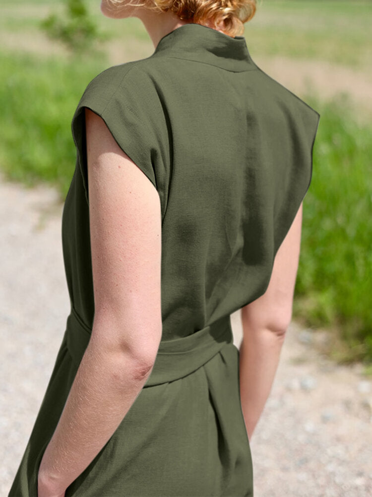 Solid Sash V Neck Pocket Sleeveless Casual Cotton  Women Jumpsuits