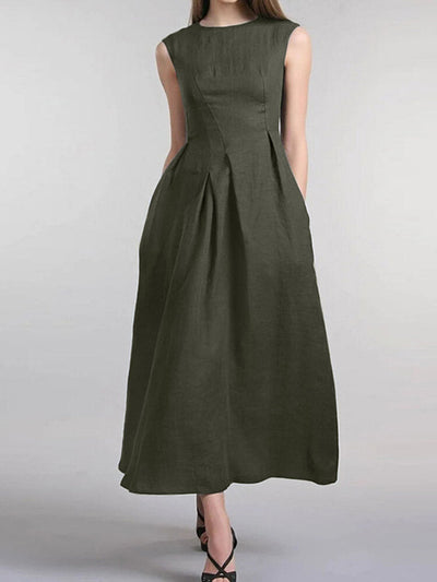 Women Solid Sleeveless Pocket Crew Neck Casual Dress