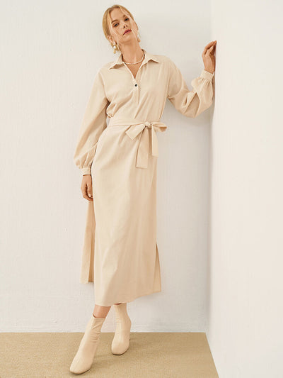 Solid Long Sleeve Button Lapel With Belt Women Dress