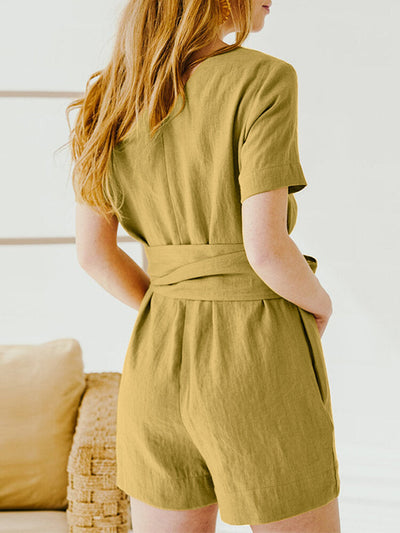 Women Solid Pocket Casual Romper With Belt