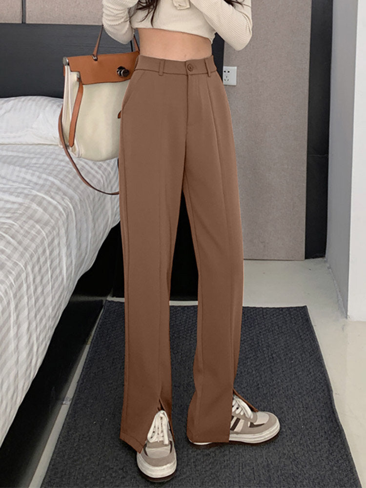 Solid High Waist Pocket Double Slit Hem Tailored Pants