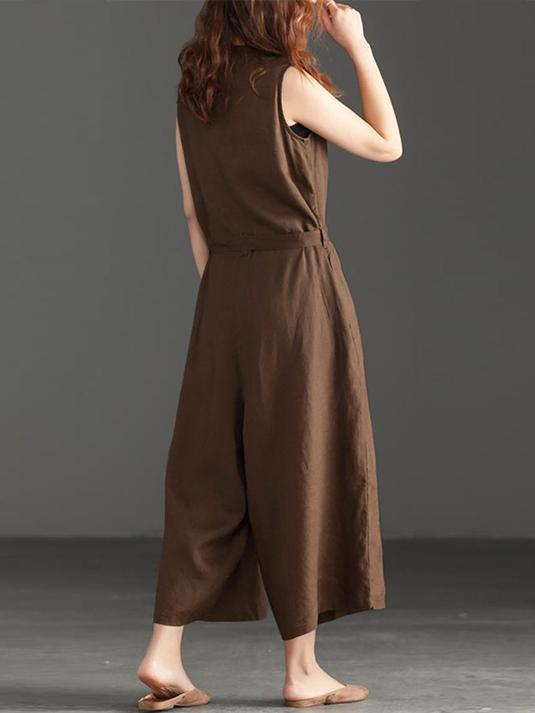 Women V-neck Belted Flare Overalls Jumpsuits