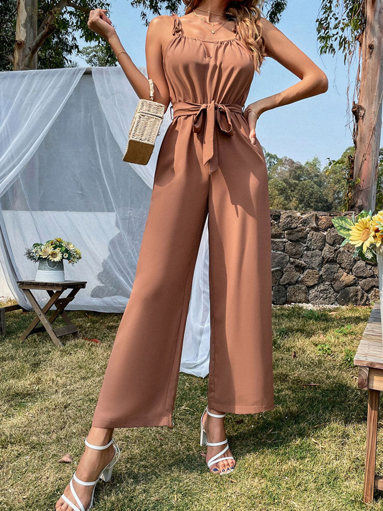 Solid Belt Tie Strap Hollow Wide Leg Jumpsuit For Women
