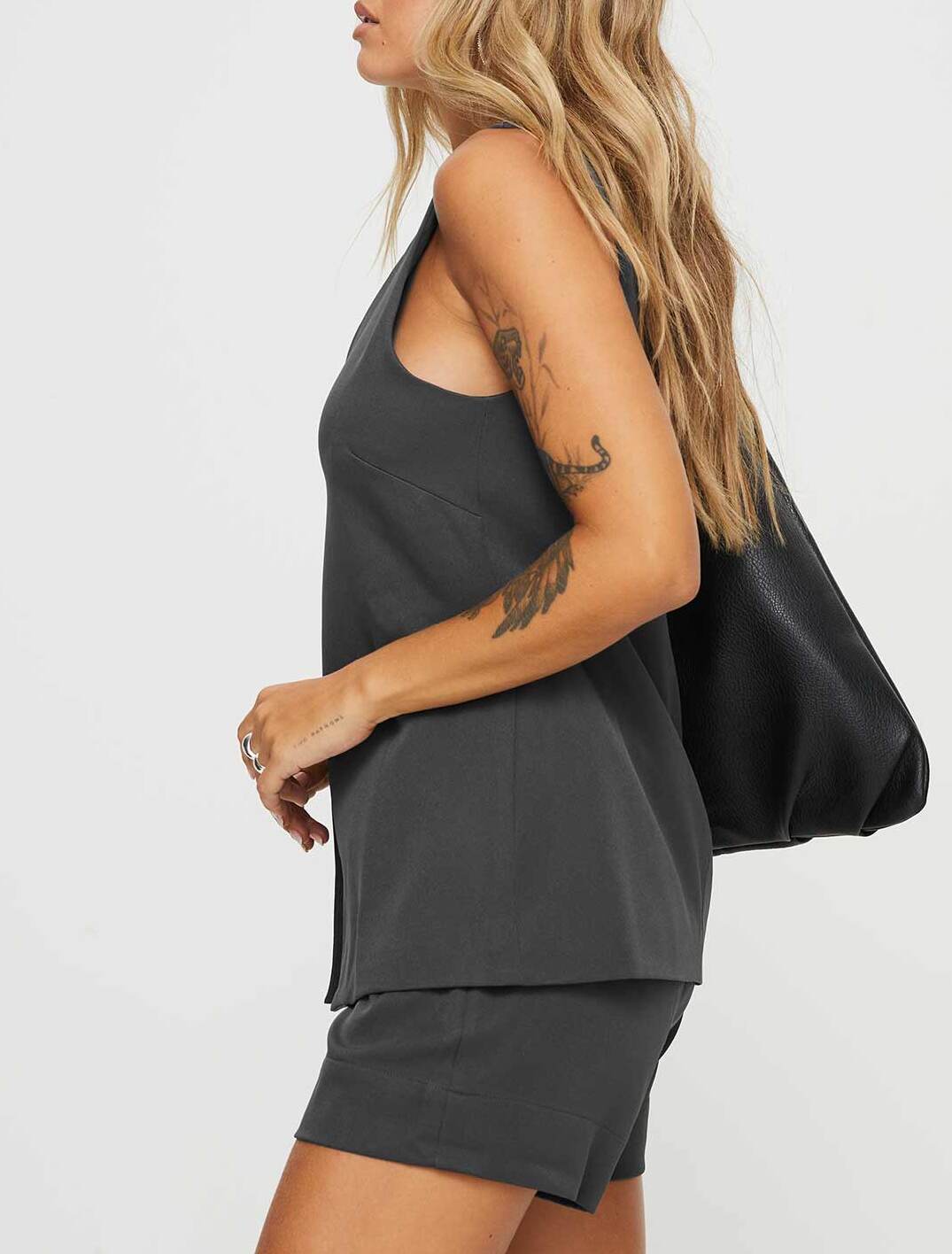 Grey Button Up Vest Blouse and short set