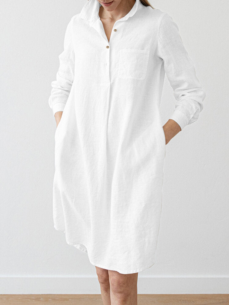 Women Solid Pocket Long Sleeve Lapel Vintage Dress