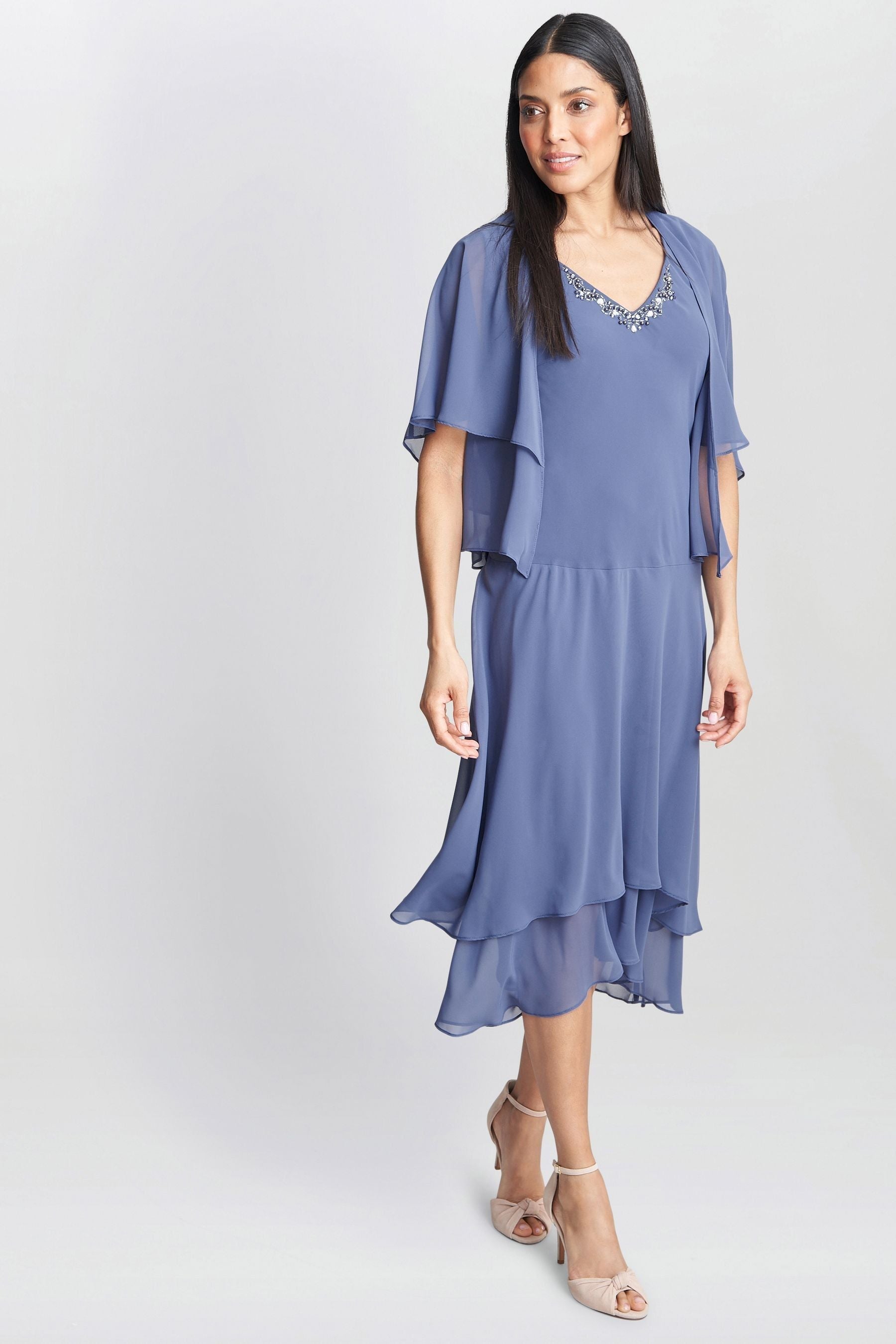 Cheryl Blue V-Neck Midi Dress with Matching Jacket