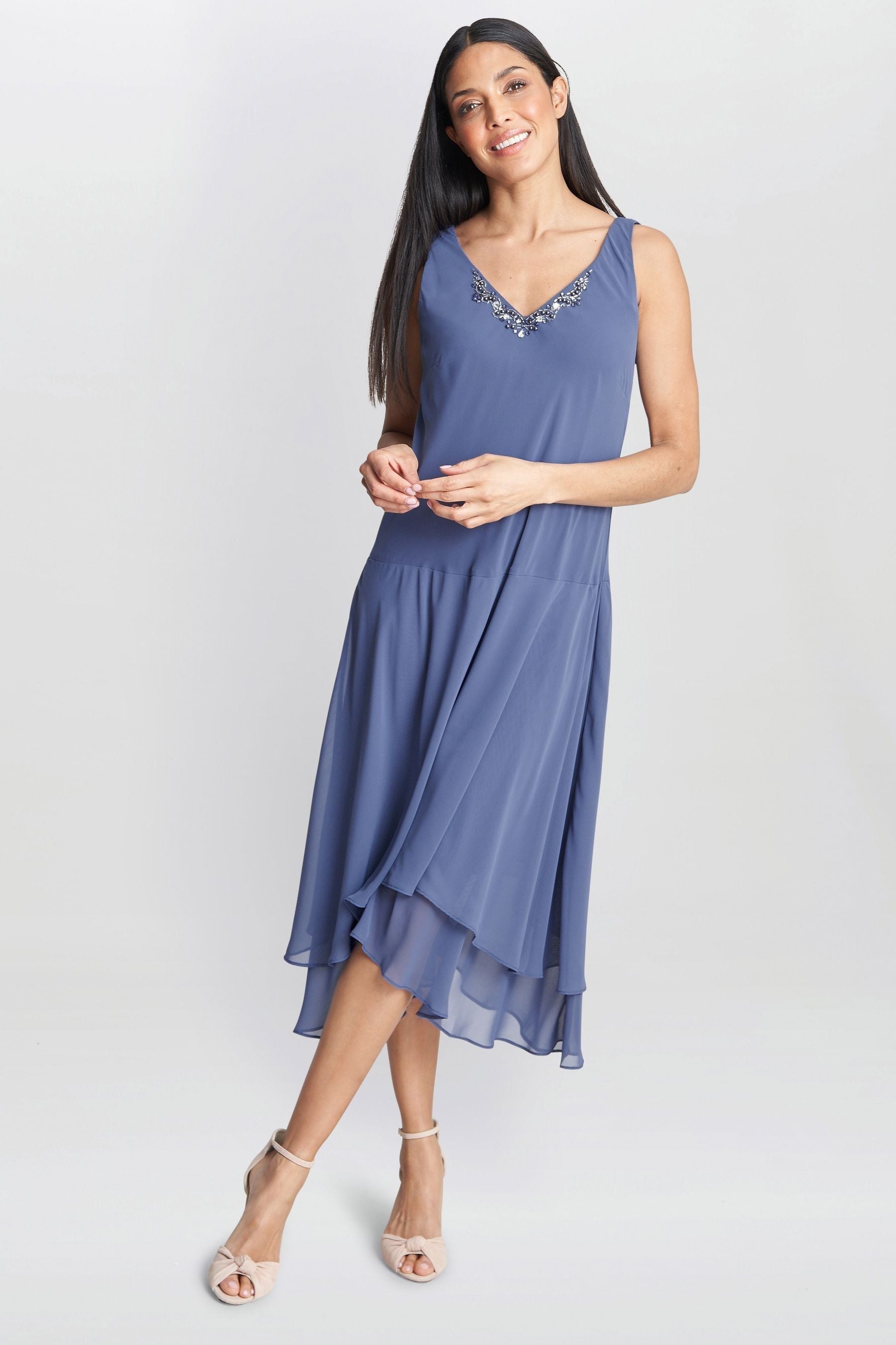 Cheryl Blue V-Neck Midi Dress with Matching Jacket