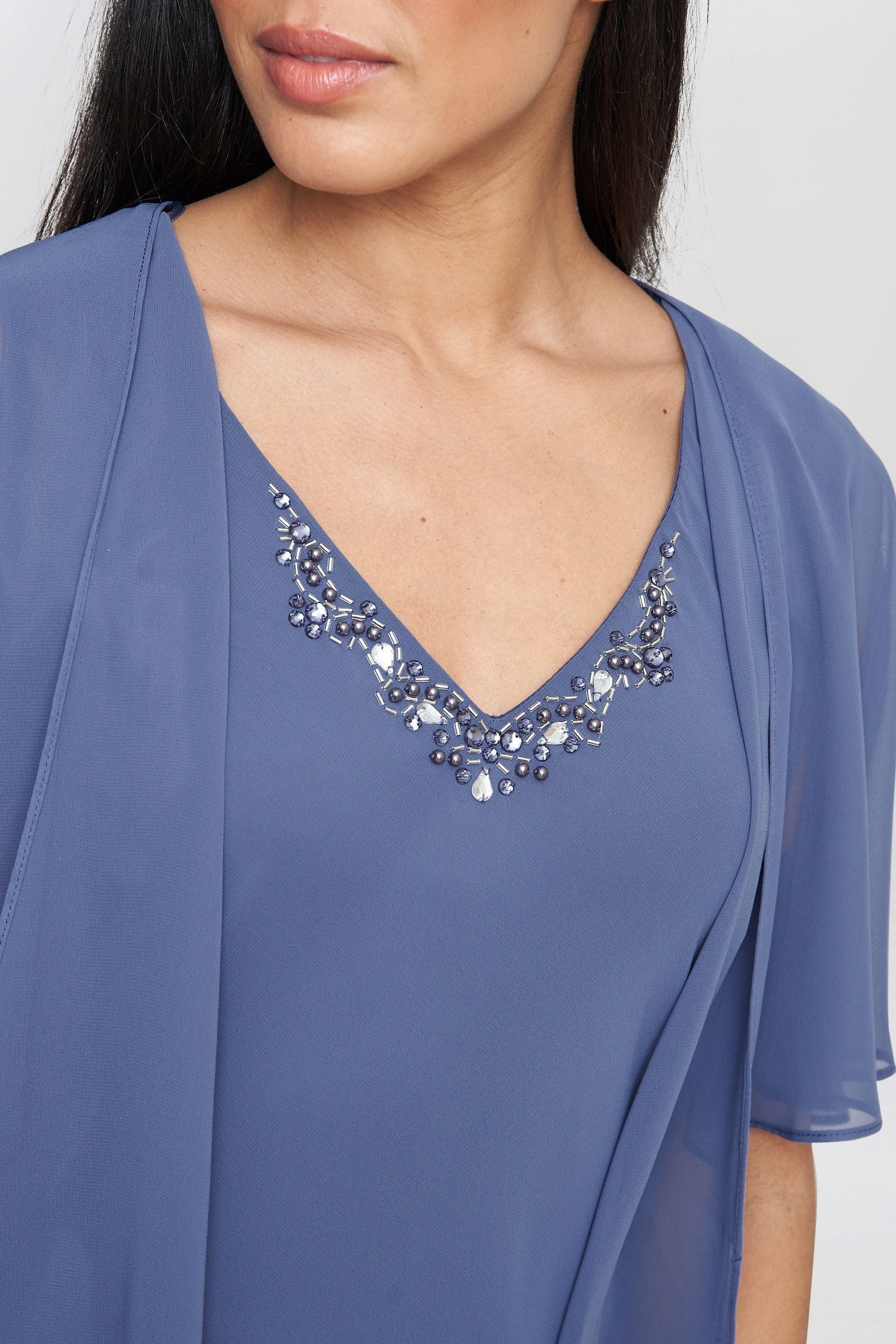 Cheryl Blue V-Neck Midi Dress with Matching Jacket